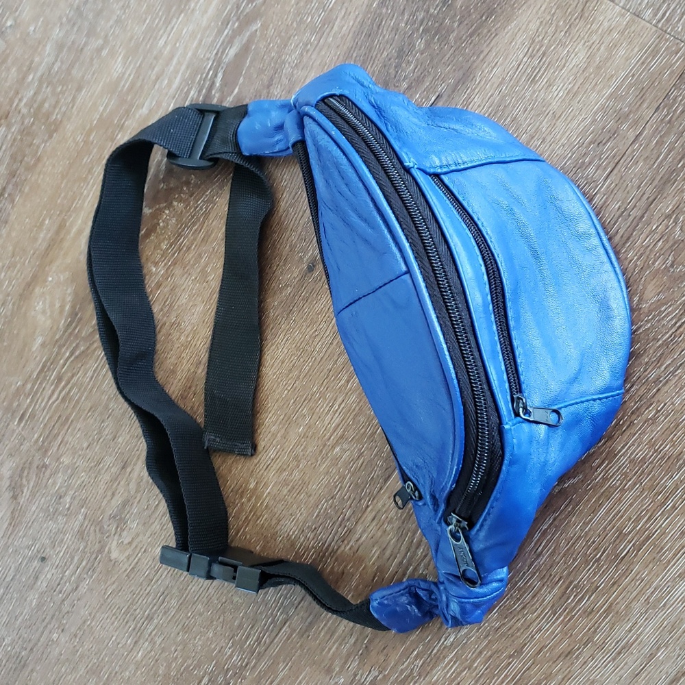 Vintage Cobalt blue genuine leather Fanny Pack Belt Bag Patchwork Unisex